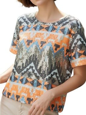 TEA & CUP: Sequin Orange Short Sleeve Zipper Blouse -Size Large